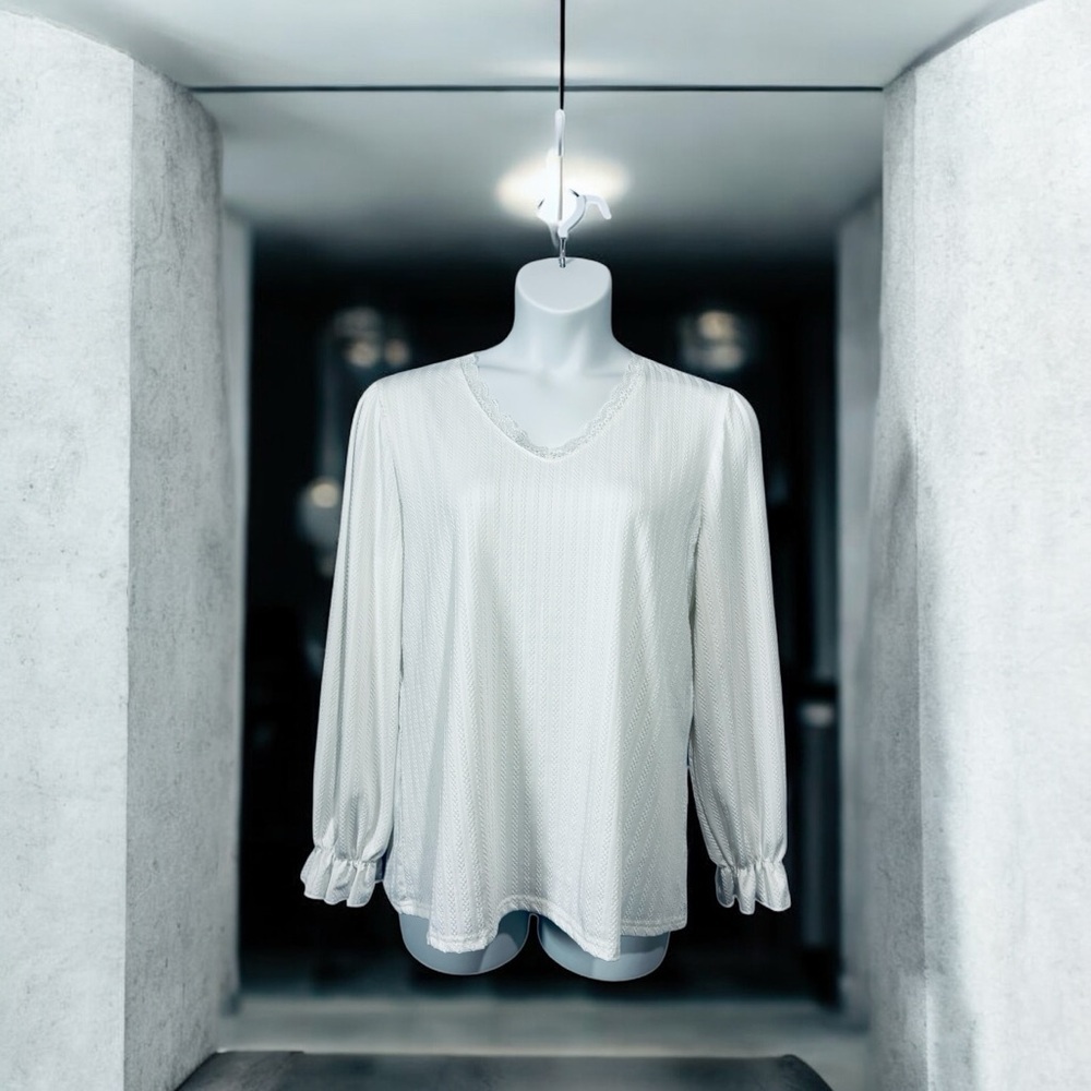 NEW, White Textured Long Sleeve Blouse With Lace Trim, Size XL